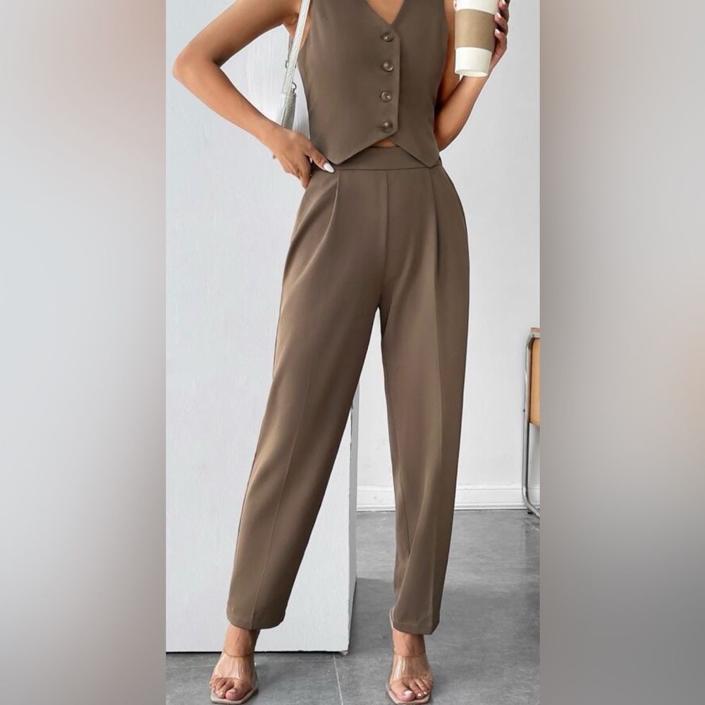 Light Brown/tan Button-Up Vest and Pants Set